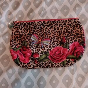 Estee Lauder Leopard Print Pouch Makeup Bag with Roses and Butterfly